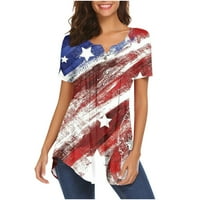 Leylayray Блузи За Жени Женски Летни Врвови Секојдневен Моден Краток Ракав V Вратот Маици Преголеми Американски Знаме Печатење