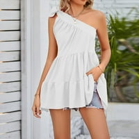 Клиренс летни фустани за жени едно рамо моден солиден мини а-линија за одмор без ракави бел м
