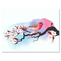 DesignArt 'Пинк птица што седи на цреша гранка' Традиционална печатење на wallидови на платно