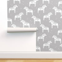 Swatch Peel & Stick Wallpaper - Dala Horse Block Print Grey Scandinavian Nordic Baby Bursedy Scandi Прилагодена отстранлива