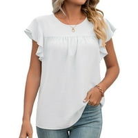 Женска обична лабава блуза Туника врвови обична маица екипаж вратот со кратки ракави цврста боја мода бела XL