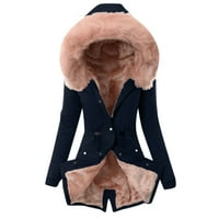 Женски плус големина зимска палто јака со долги ракави јакна гроздобер задебелен палто јакна топла качулка дебела подлога за