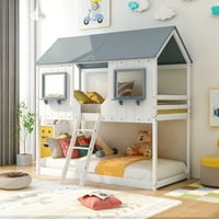 Аукфа Близнак над креветот со близнаци со покрив и прозорец за деца и мали деца спална соба, соба за студентски дом, бела