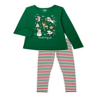 Време на одмор девојки Божиќна графичка маица со долги ракави и сет за печатени нозе, 2-парчиња, големини 4-18