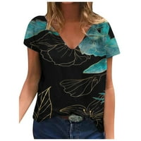 Мода Жена V-Вратот Краток Ракав Печатење Пуловер Лабава Блузи Блузи МАИЦА AQ