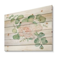 DesignArt 'Букет од розови розови цвеќиња и традиционално печатење на лисја од еукалиптус на природно бор дрво