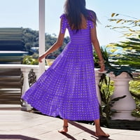Летни Фустани За Жени Оглавник Мода Печатени Должина На Глуждот А-Линија Фустан Без Ракави Виолетова XL
