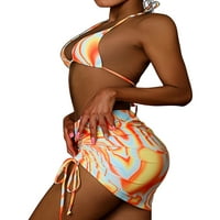 Womenените летни костими за капење сет шарен градник за печатење во боја, градник + thong + quarctring каросерија мини здолниште