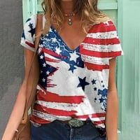 Јсезмл 4 јули Кошули За Жени, Денот На Независноста Американски Знаме Печатење Лето Врвови Лабава Краток Ракав V - Вратот Блуза