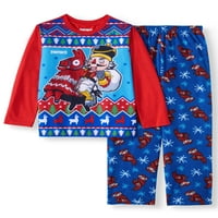 Момче на празникот Фортнит со долг ракав и печатено микро руно пантоло, сет за божиќни пижами од 2 парчиња