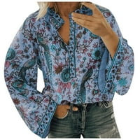 Cuhas женски модни блузи кошули печатени пулвер лабав копче долг ракав плус големина долги ракави зимски женски врвови сини