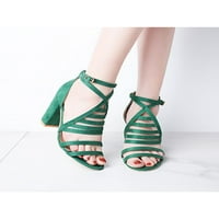 Rockomi дами удобни блок -пета сандали модни каиш за глуждот со високи потпетици Зелена 5