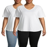 Terra & Sky Women's Plus Shaze Sharte Shorte Recave Eventight Essential V-вратот маица, 2-пакет