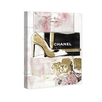 Wynwood Studio Fashion and Glam Wall Art Canvas Prints 'Луксузни чевли со роза' Роуз ' - злато, розова